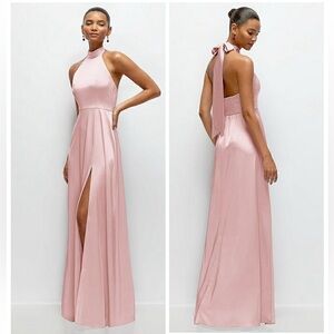 Dessy Band Collar Halter Open Back Fluid Satin Maxi Dress size XS Ballet Pink